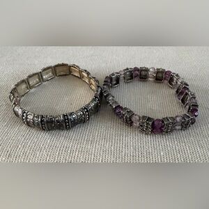 Stretch Crystal and Silver-Tone Beaded Bracelets - Purple and Silver